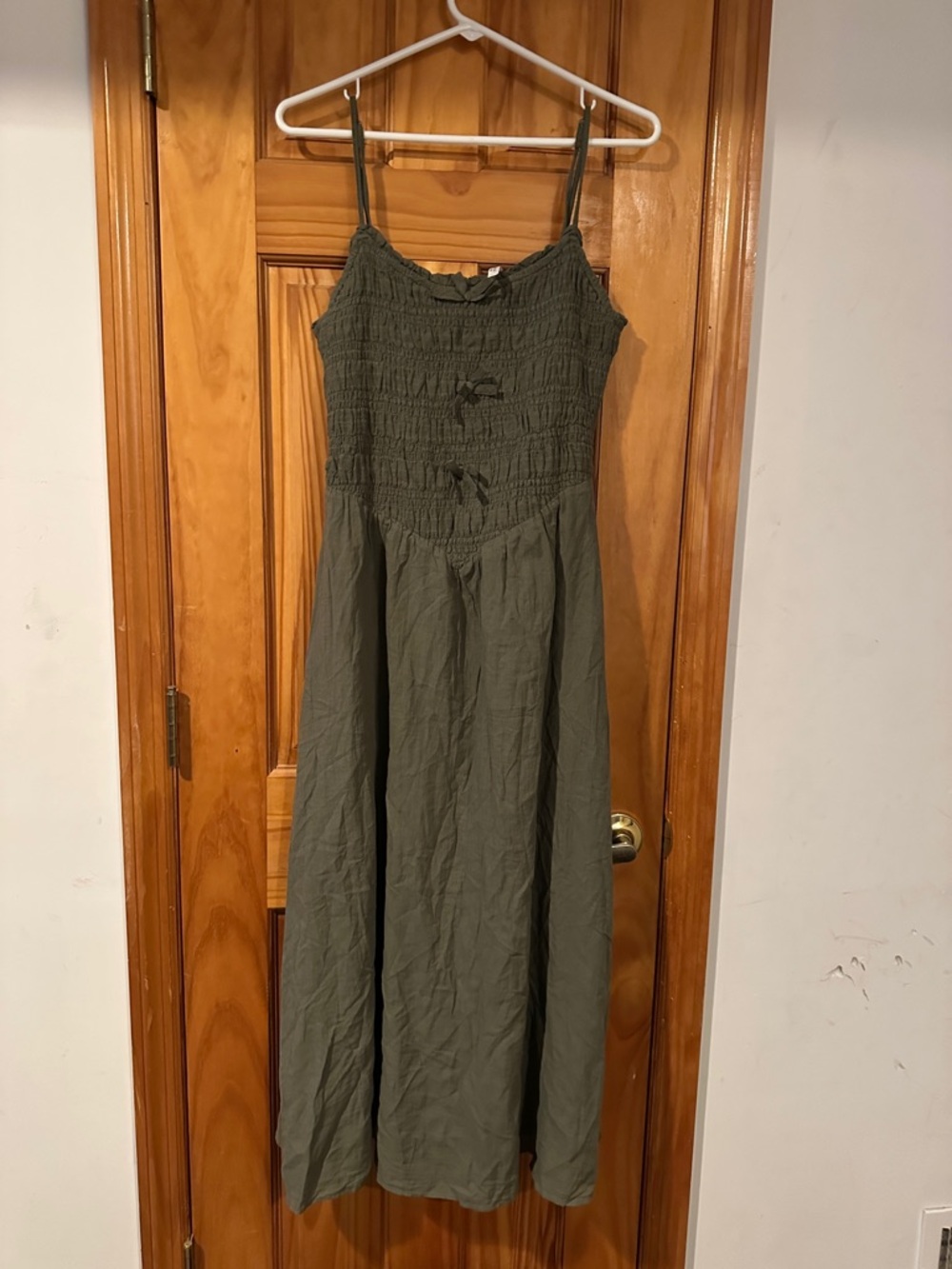 American Eagle Outfitters Olive Green Smocked Spaghetti-Strap Maxi Dress